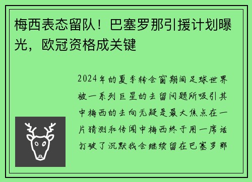 梅西表态留队！巴塞罗那引援计划曝光，欧冠资格成关键