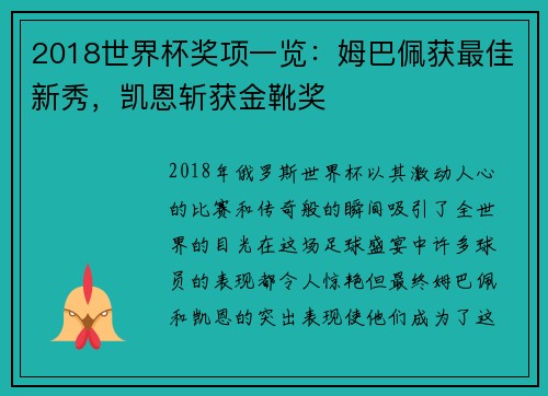 2018世界杯奖项一览：姆巴佩获最佳新秀，凯恩斩获金靴奖